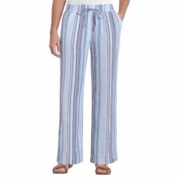 Pants - Briggs Ladies' Linen Blend Pull‎ On Wide Leg Striped Pants Size XS Coastal Beach